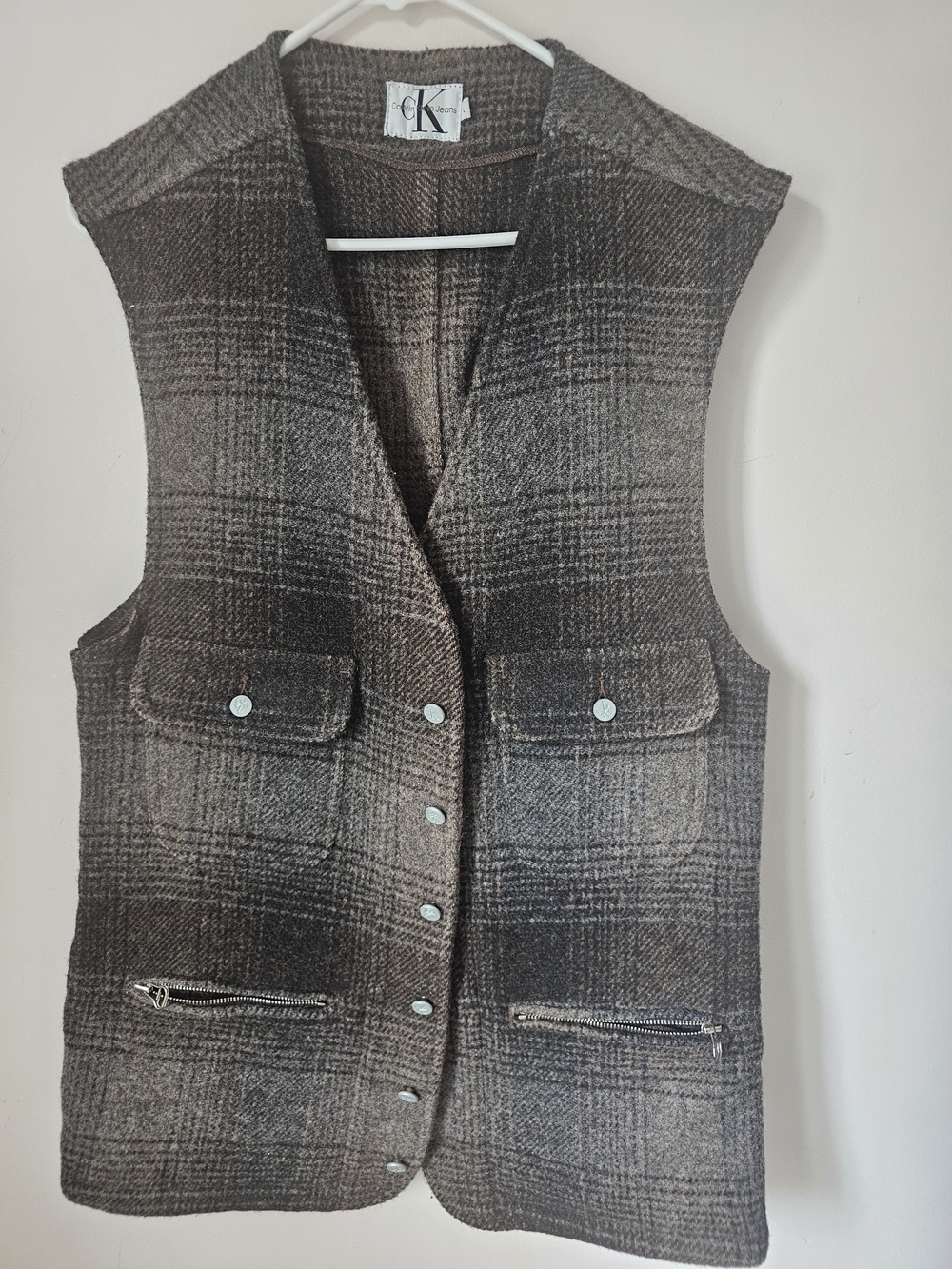 Calvin Klein Brown Plaid Wool-Blend Vest with Snap Front
